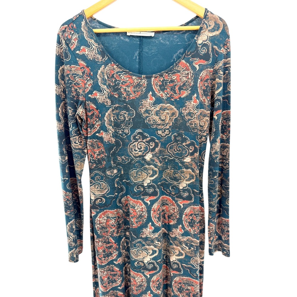 Peruvian Connection Ming Teal Dragon Cloud Print Cotton Lycra Midi Dress M - Picture 3 of 6